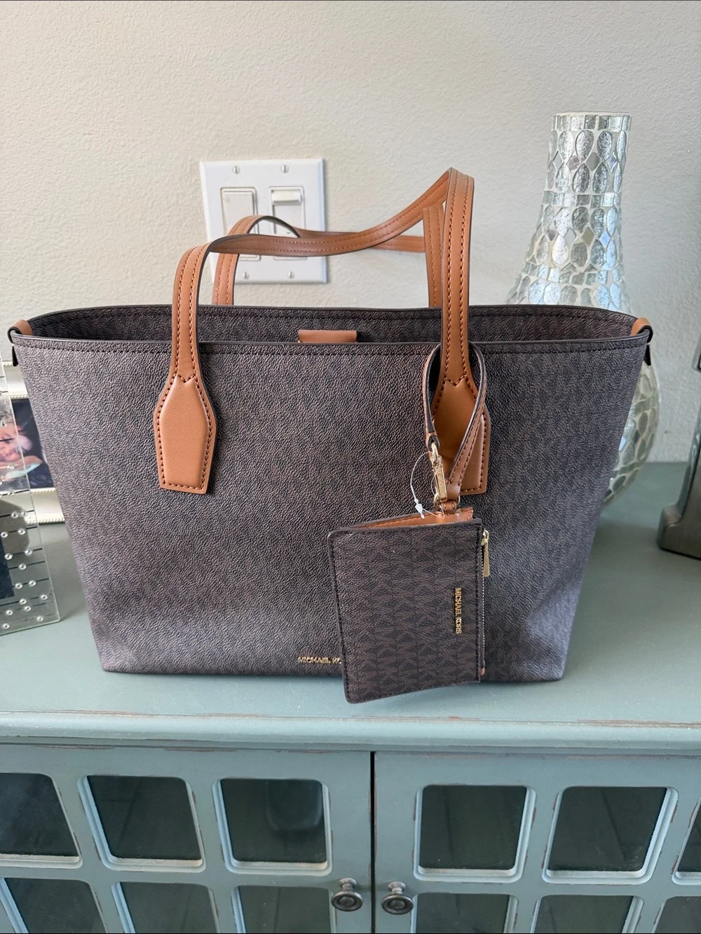 Michael Kors Brown Tote with Tan Leather Trim and Card Case